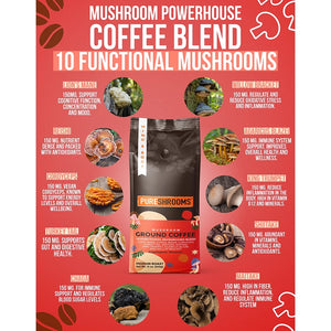 Mushroom Ground Coffee w/ 10 Organic Mushroom Extracts | King Trumpet, Agaricus Blazei, Willow Bracket, Lion's Mane, Chaga, Reishi, Cordyceps, Turkey Tail, Maitake, Shiitake 340g (Perfect 10)