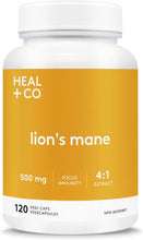 Load image into Gallery viewer, HEAL + CO. Lion&#39;s Mane Supplement | High Potency 4:1 extract, 500 mg per serving | Focus + Immunity | 120 x 500 mg Capsules