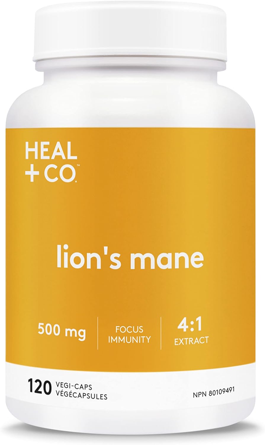 HEAL + CO. Lion's Mane Supplement | High Potency 4:1 extract, 500 mg per serving | Focus + Immunity | 120 x 500 mg Capsules