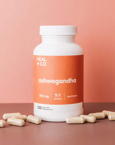 Suplemento de ashwagandha HEAL + CO. | Extracto de alta potencia 5:1, 500 mg por ración | Apoyo contra el estrés y la energía | 120 cápsulas de 500 mg