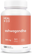 Cargar imagen en el visor de la galería, Suplemento de ashwagandha HEAL + CO. | Extracto de alta potencia 5:1, 500 mg por ración | Apoyo contra el estrés y la energía | 120 cápsulas de 500 mg