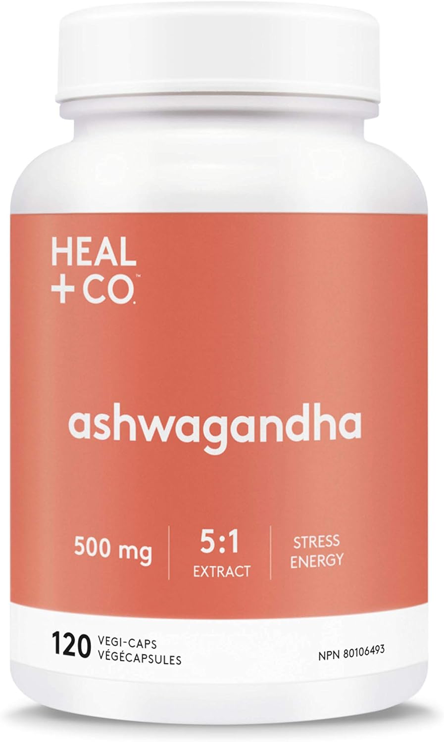 Suplemento de ashwagandha HEAL + CO. | Extracto de alta potencia 5:1, 500 mg por ración | Apoyo contra el estrés y la energía | 120 cápsulas de 500 mg